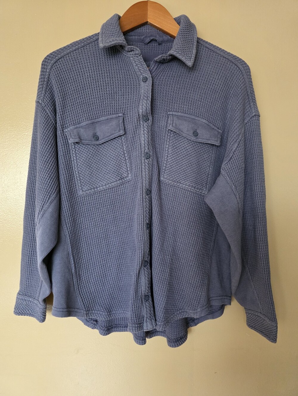 Aerie Lumberjane Dusty Blue Waffle Knit Shacket S Oversized Button Down Shirt